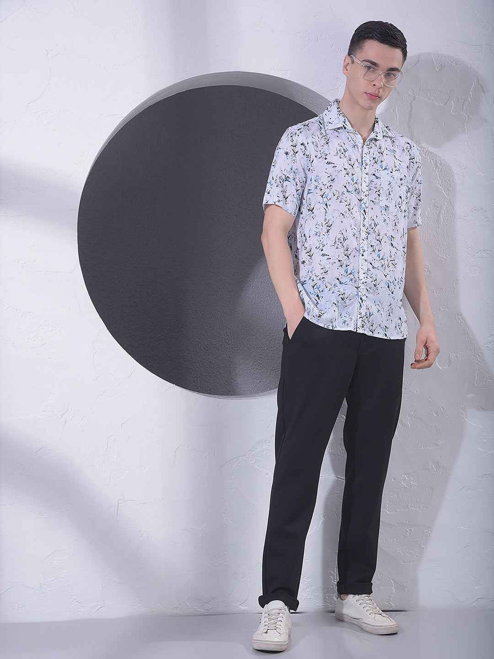 Blue Floral Print Linen Shirt