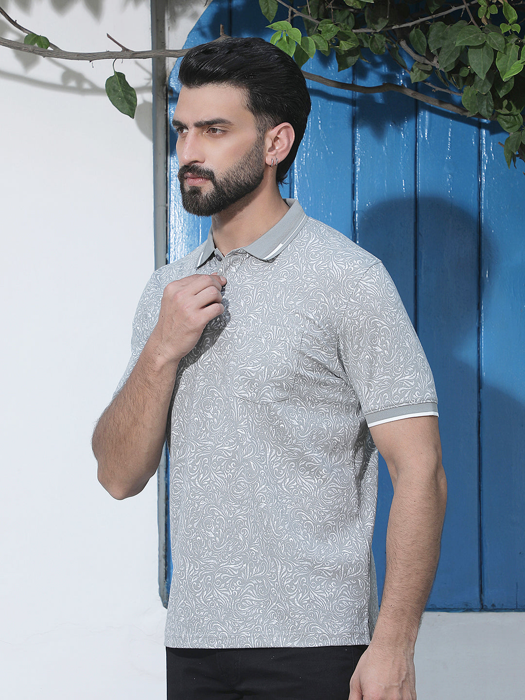 Grey Printed Polo Neck T-Shirt