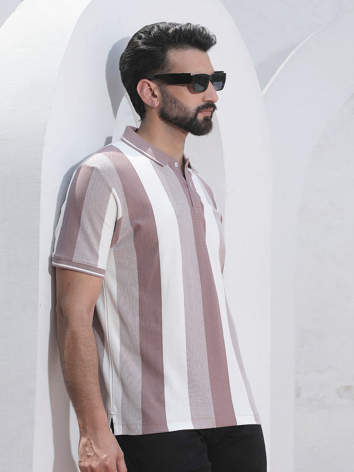 Purple Vertical Striped Polo Neck T-Shirt