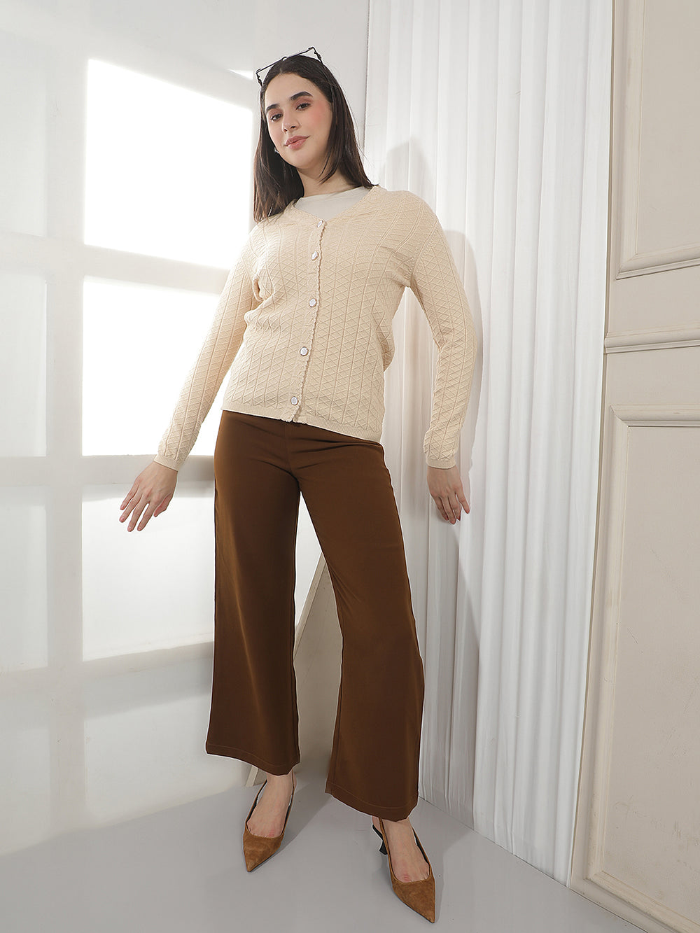 Beige Jacquard V-neck Cardigan