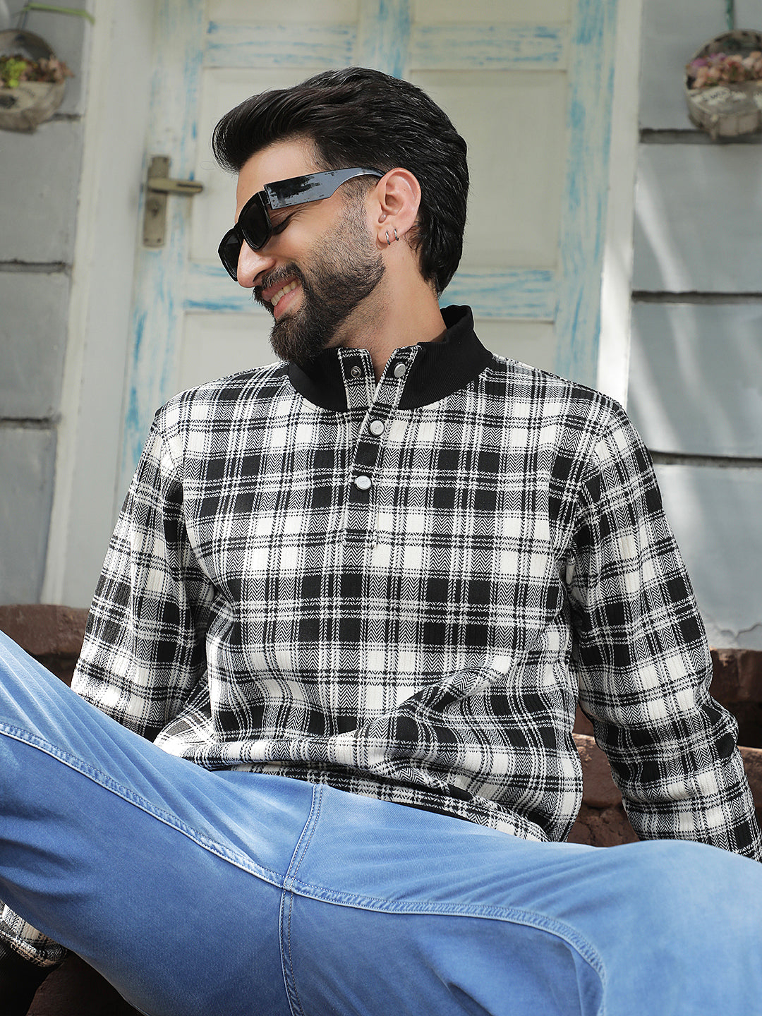 Black Checked High Neck Sweatshirt