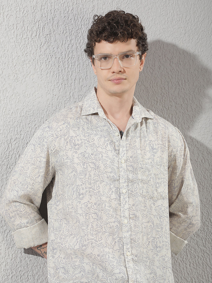 Linen Blue Floral Print Shirt