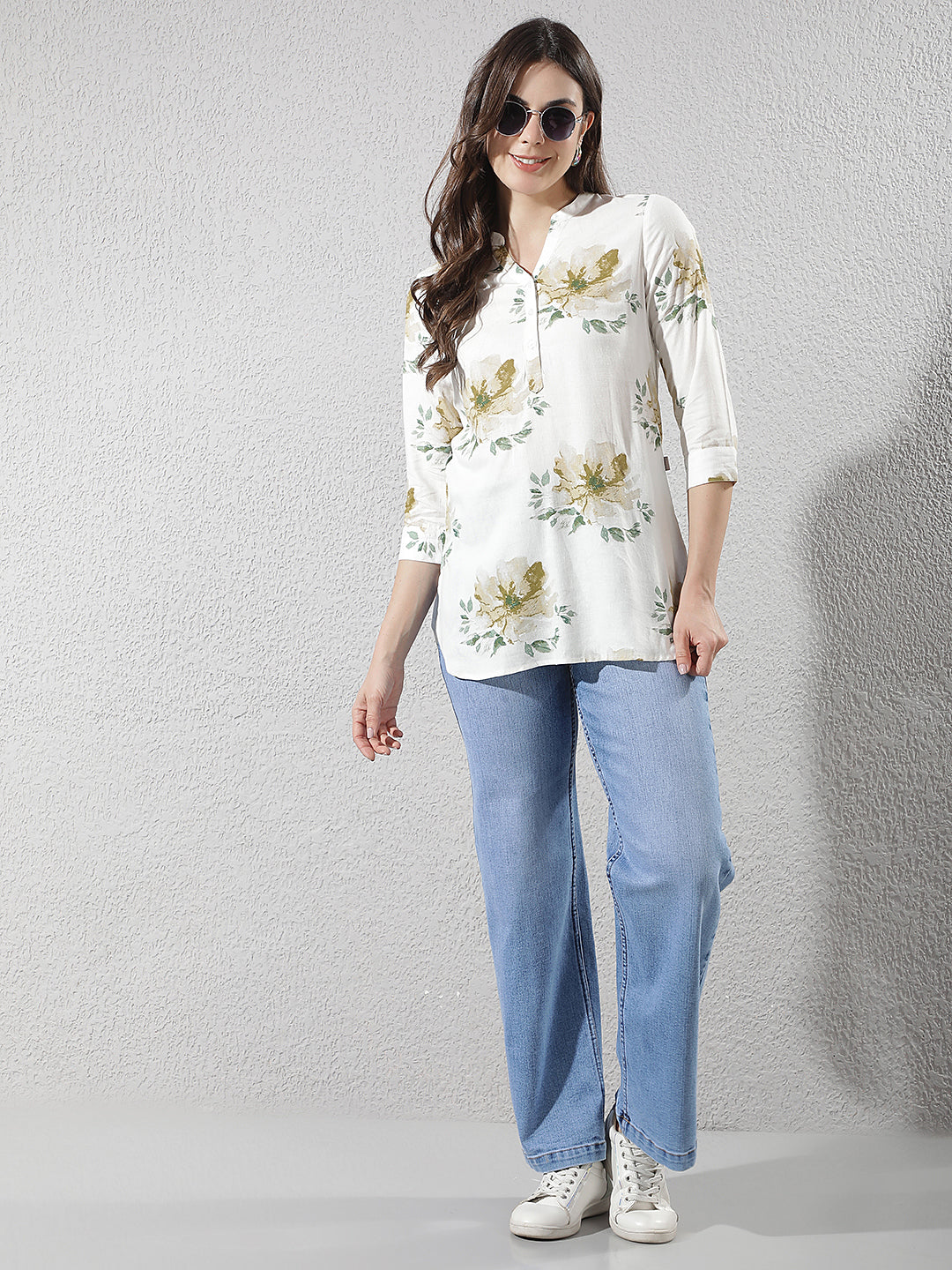 Green Floral Print Longline Linen Top