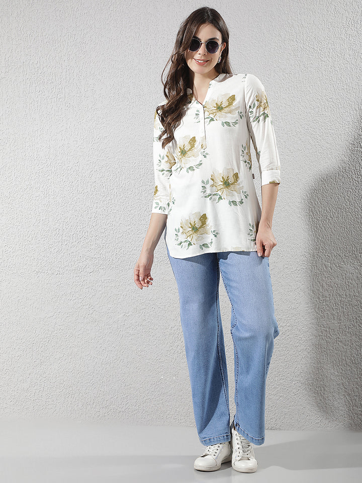 Green Floral Print Longline Linen Top