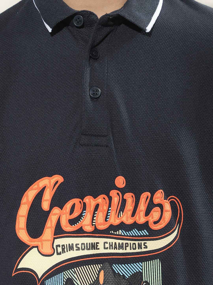 Navy Blue Graphic Print Polo Neck T-Shirt