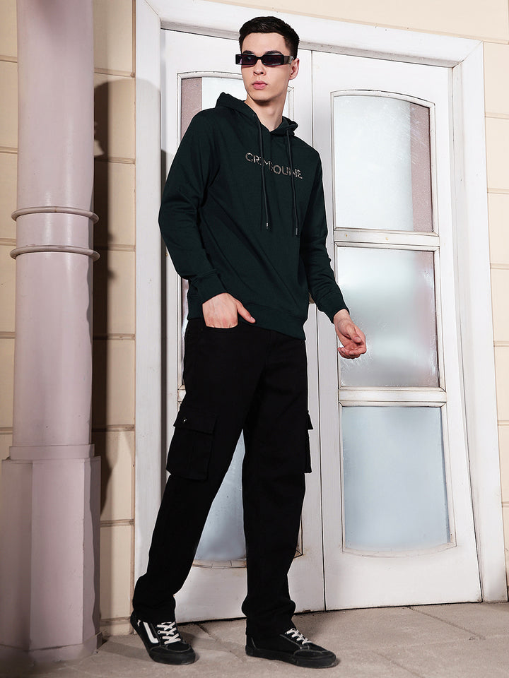 Green Typographic Printed Hooded Sweatshirt