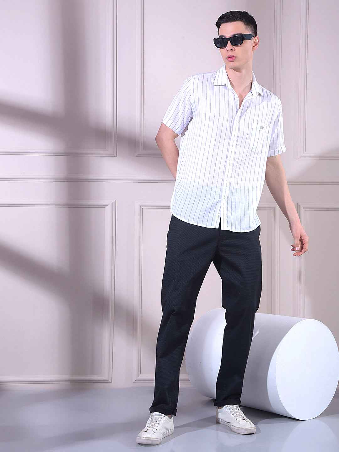 White Vertical Stripes Linen Shirt