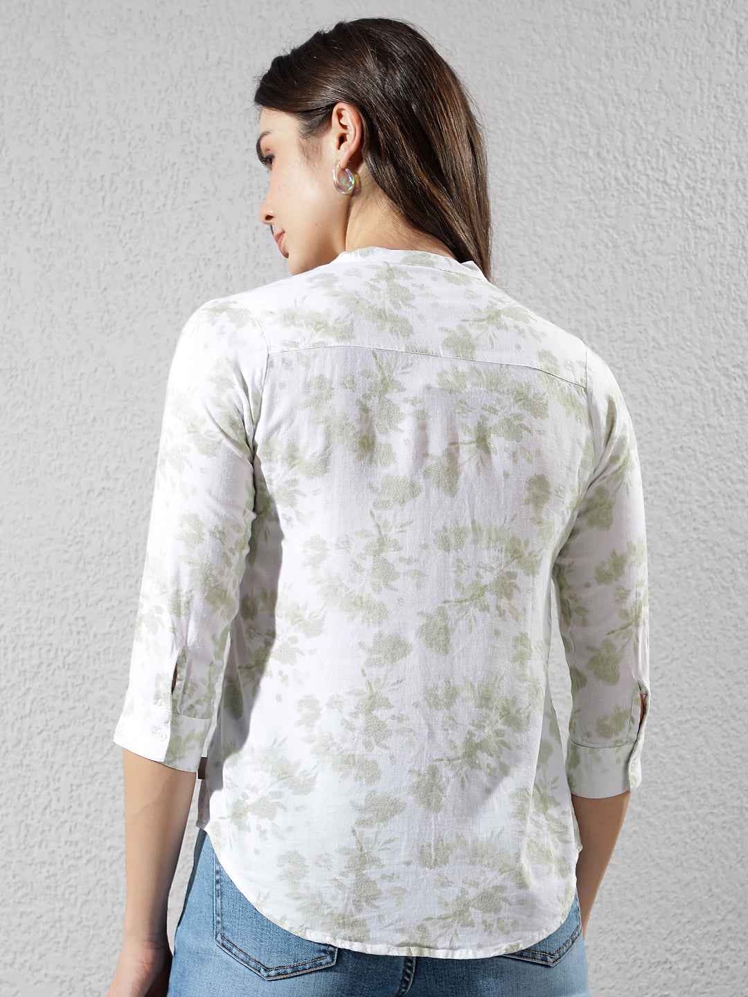 Green Floral Print V-Neck Linen Shirt