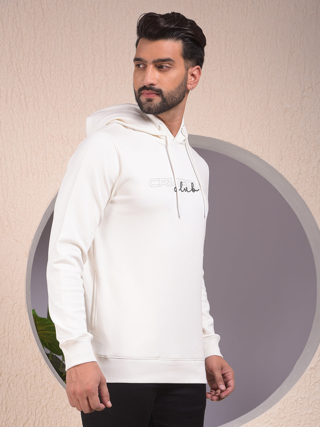 Off White Embroidered Hooded Neck Sweatshirt