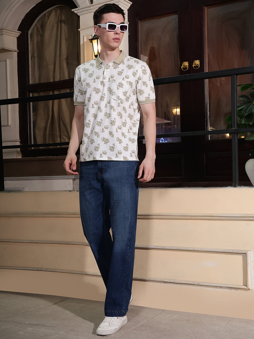 Brown Floral Print Polo Neck T-Shirt