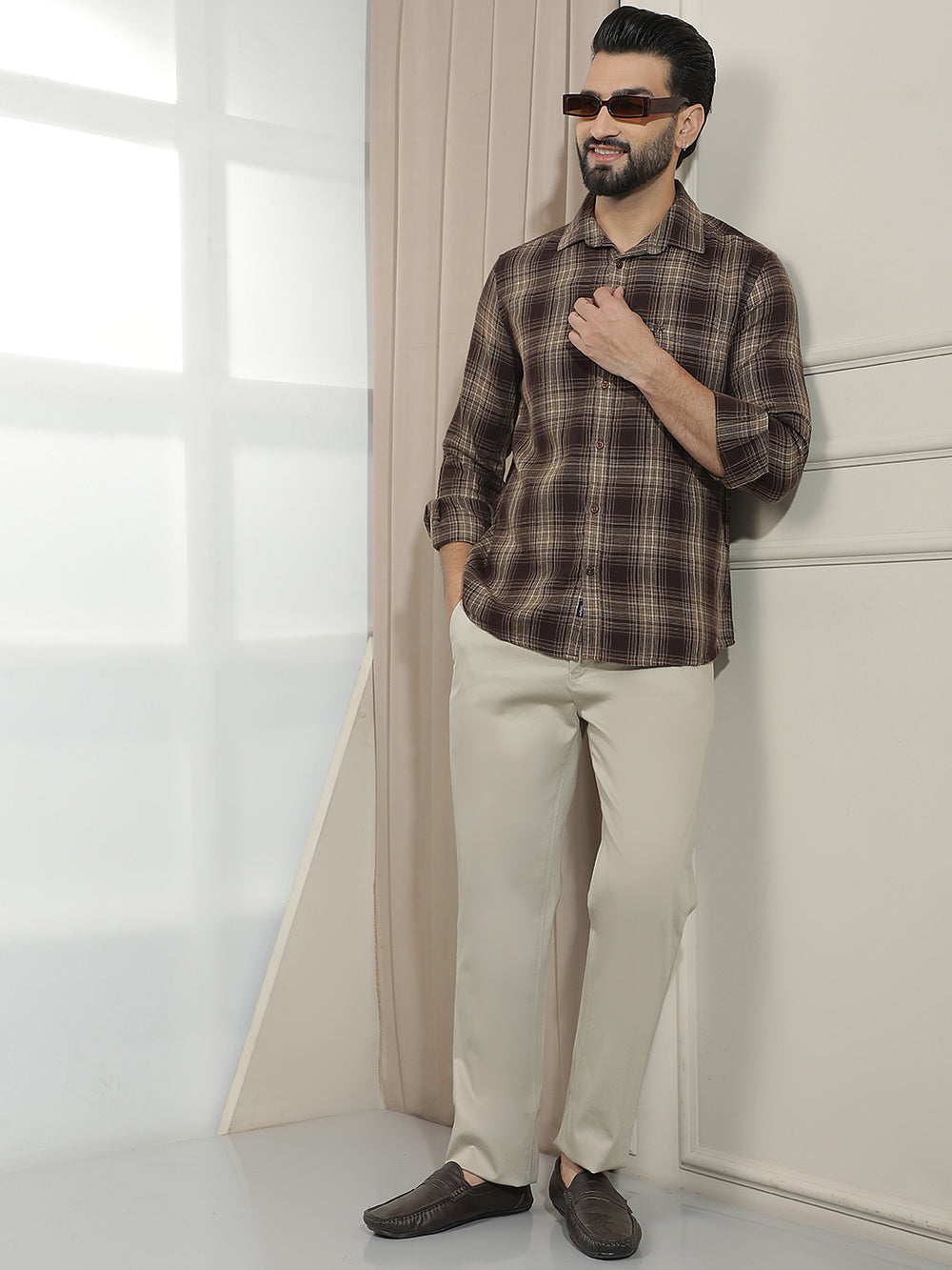 Khaki Dobby Straight Trousers