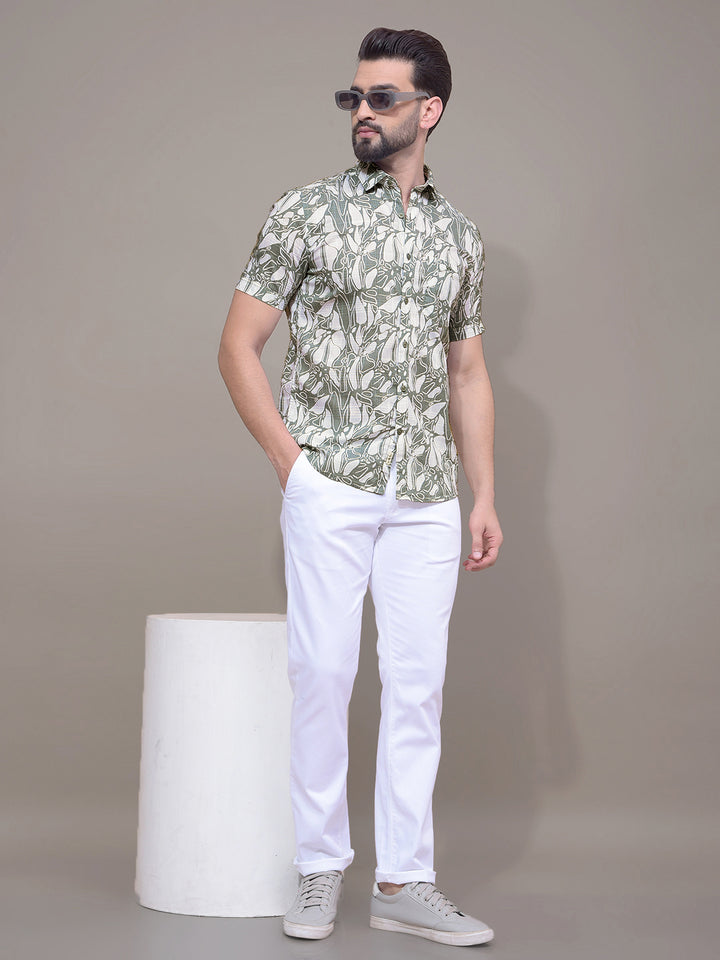 Green Floral Print 100% Cotton Shirt-Men Shirts-Crimsoune Club
