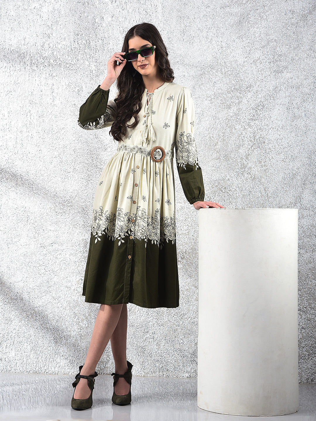 Olive Floral Print V-Neck A-Line Dress With Belt