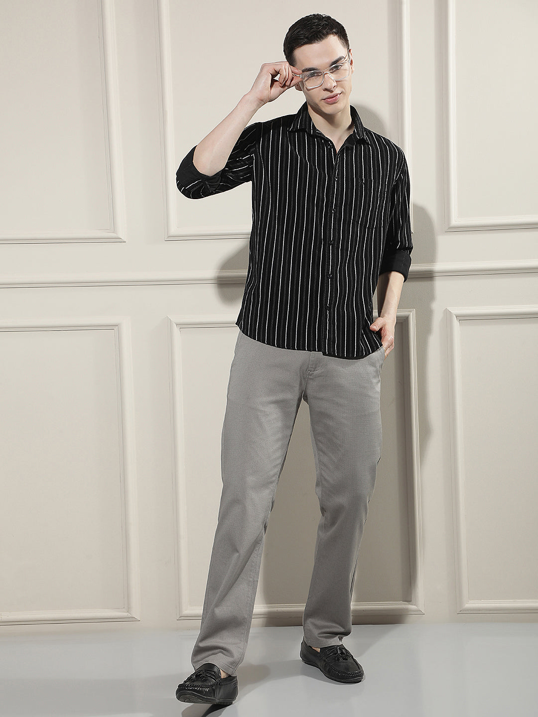 Black Vertical Stripes 100% Cotton Corduroy Shirt