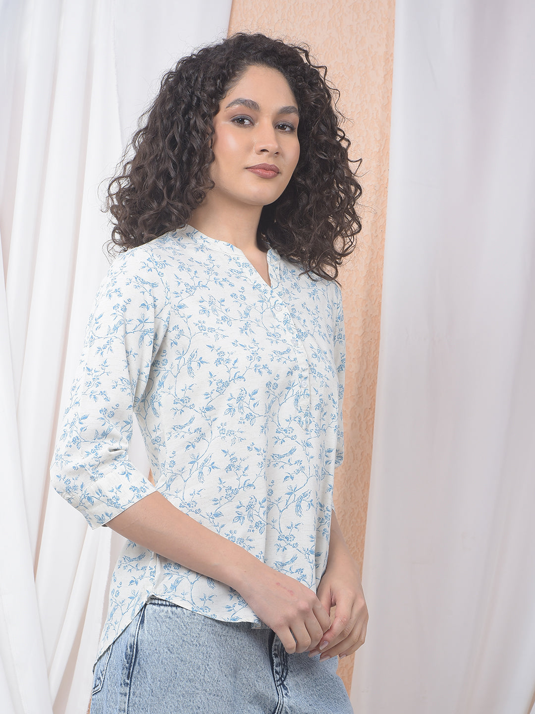 Aqua Blue Floral Printed Boxy Linen Top