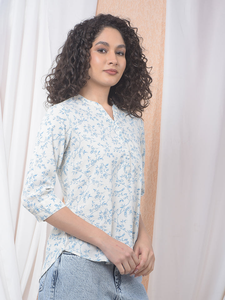 Aqua Blue Floral Printed Boxy Linen Top