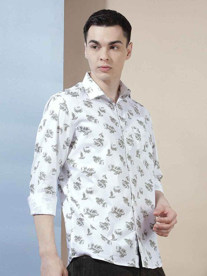 White Floral Print 100% Cotton Shirt