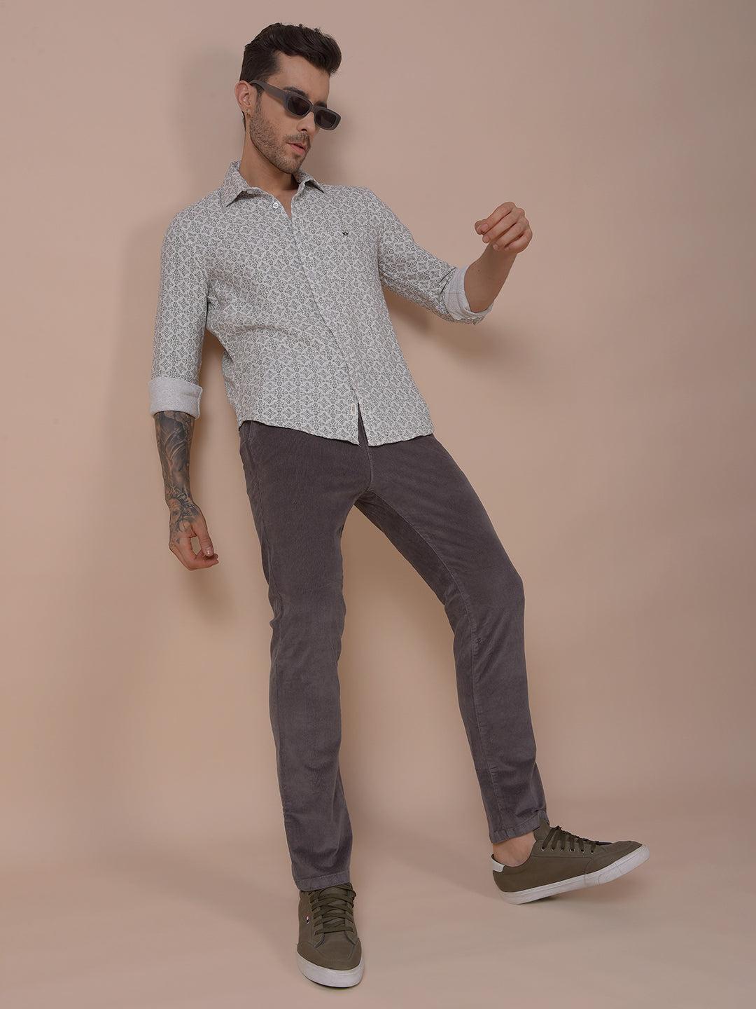 Grey Printed Corduroy Trousers