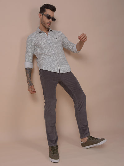 Grey Printed Corduroy Trousers