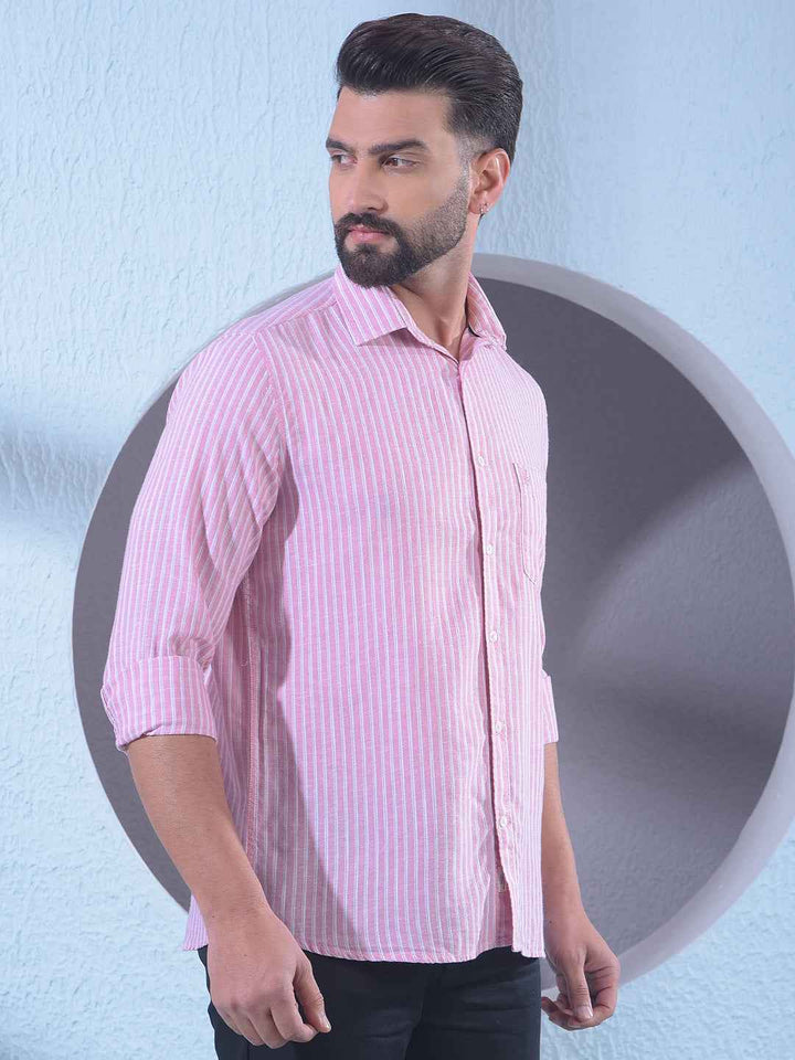 Pink Linen Vertical Stripes Shirt