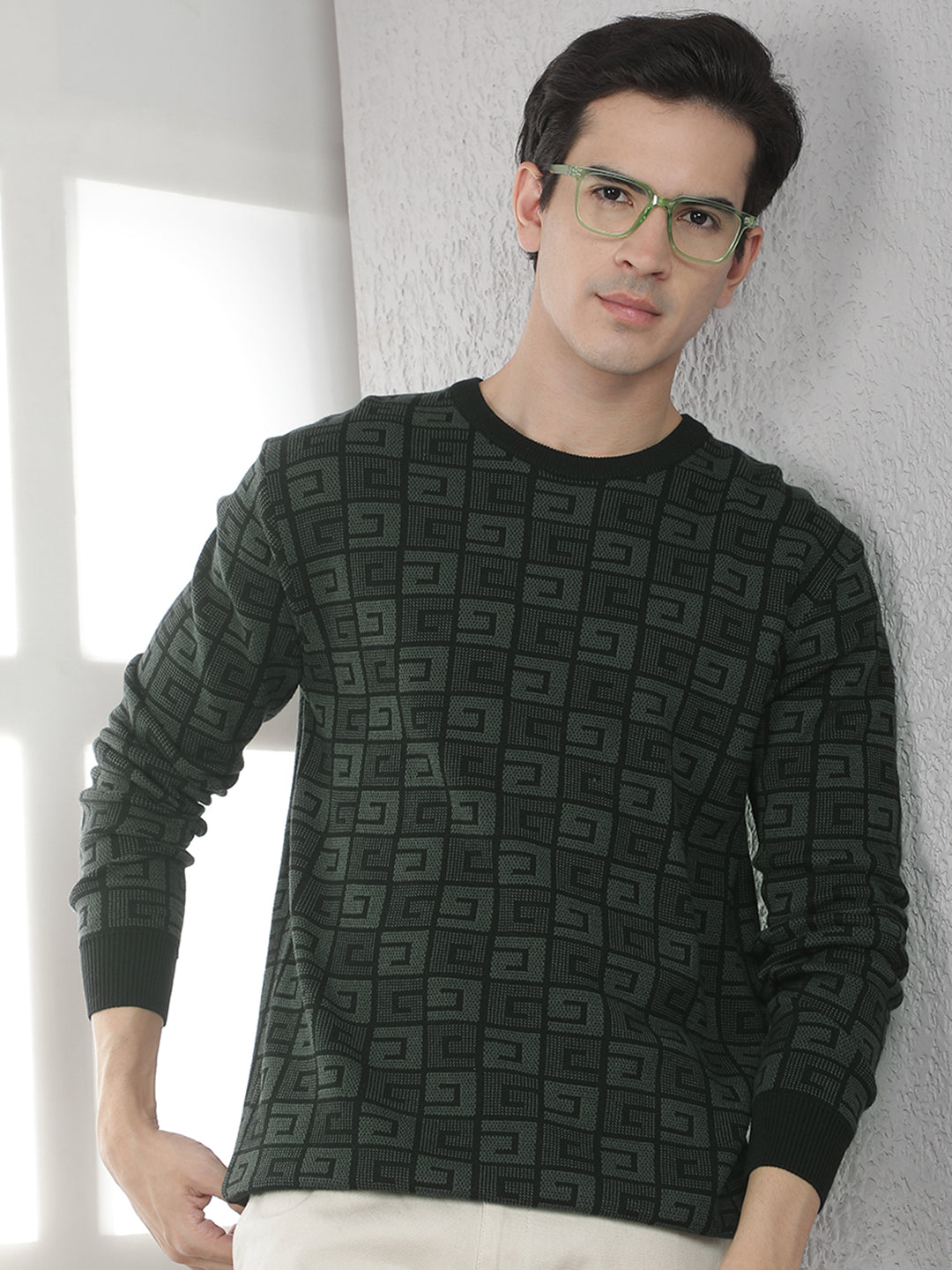 Green 100% Cotton Jacquard Round Neck Sweater