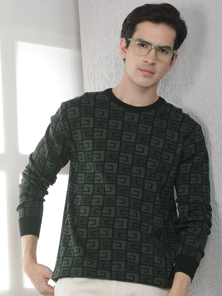 Green 100% Cotton Jacquard Round Neck Sweater