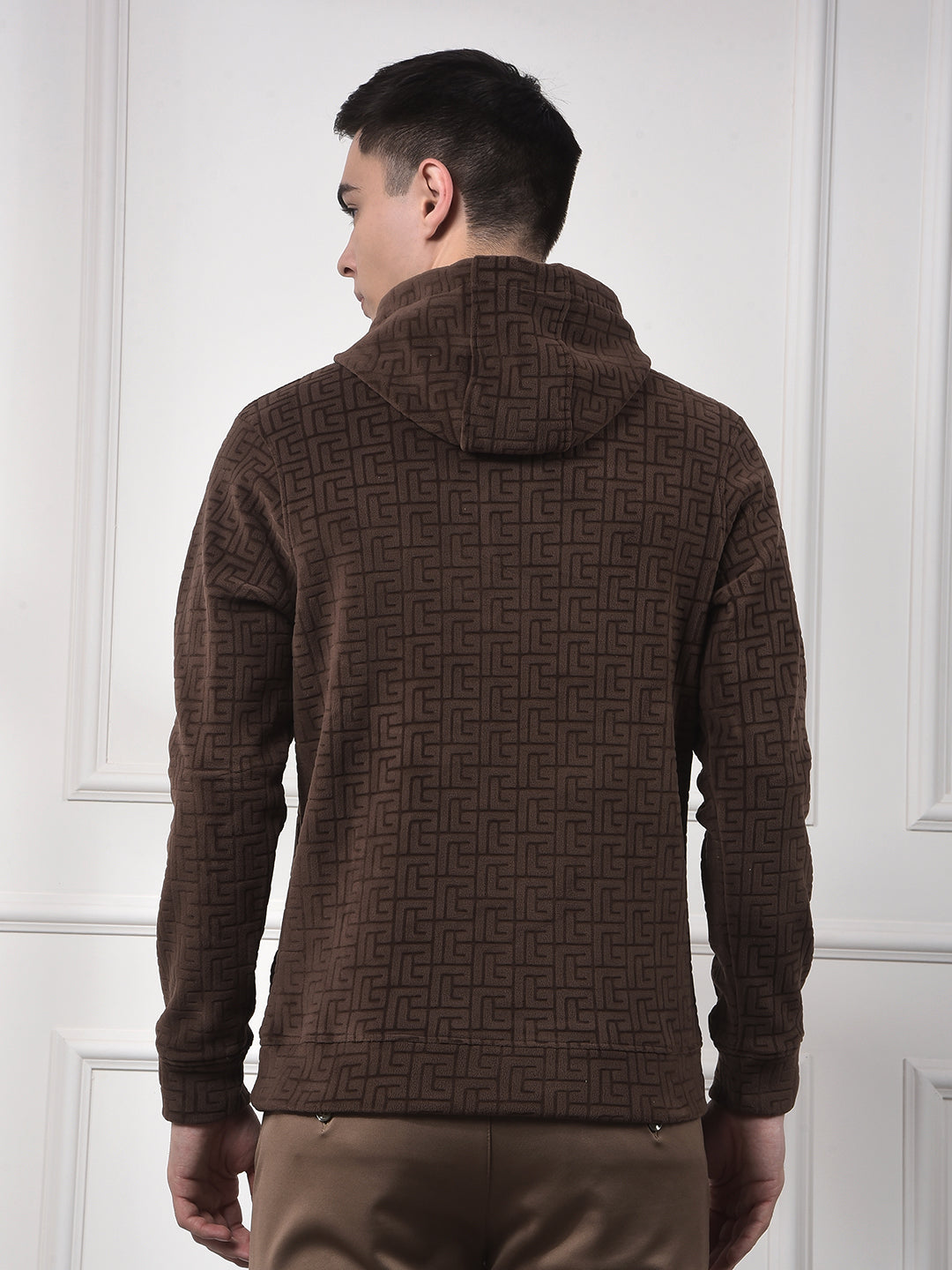 Brown Jacquard Hooded Neck Sweatshirt