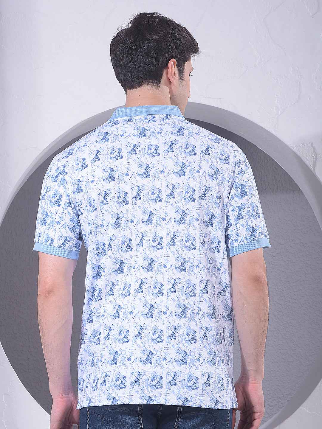 Blue 100% Cotton Geometric Print Polo T-Shirt