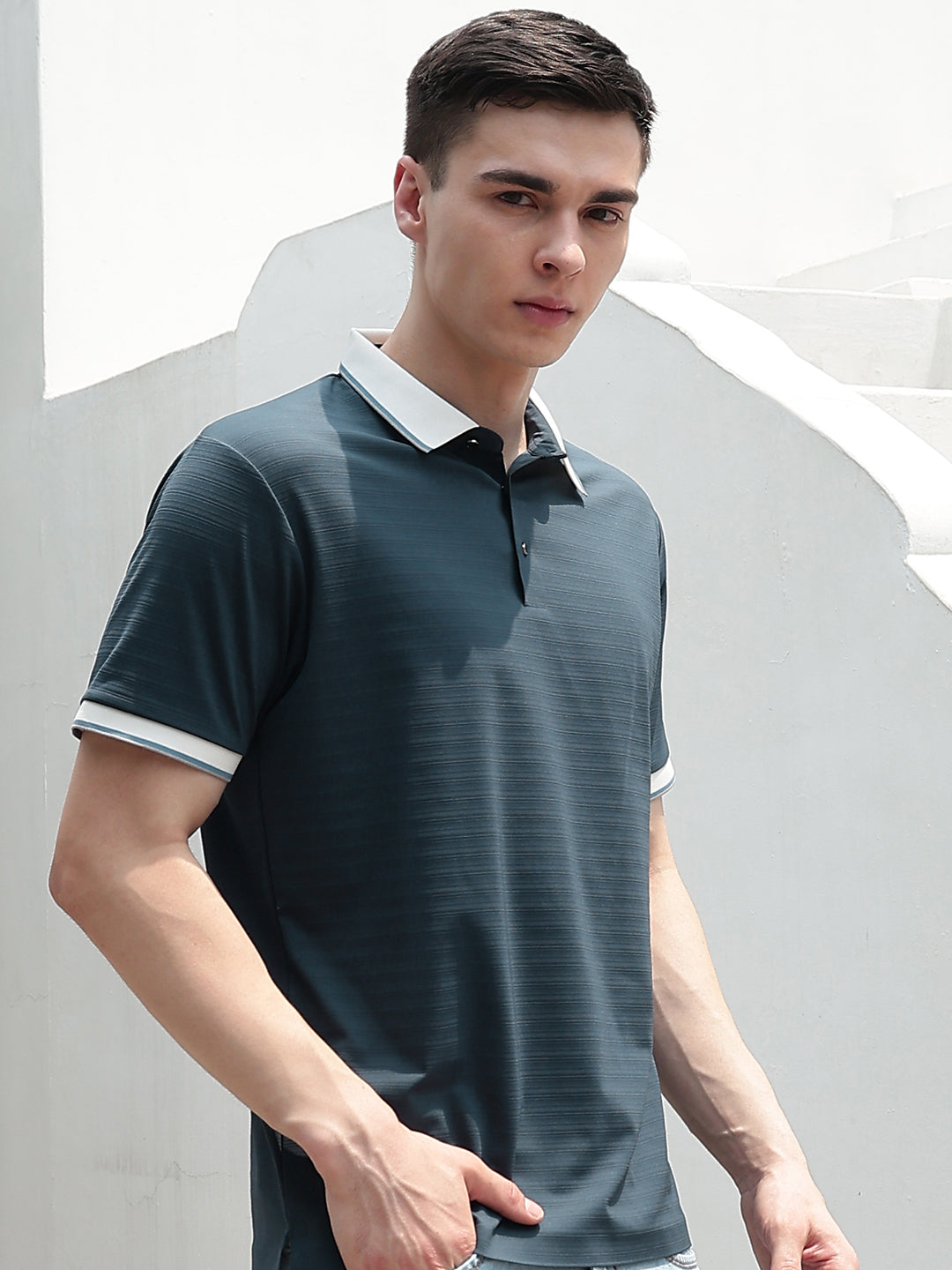 Green Horizontal Striped Polo Neck T-Shirt