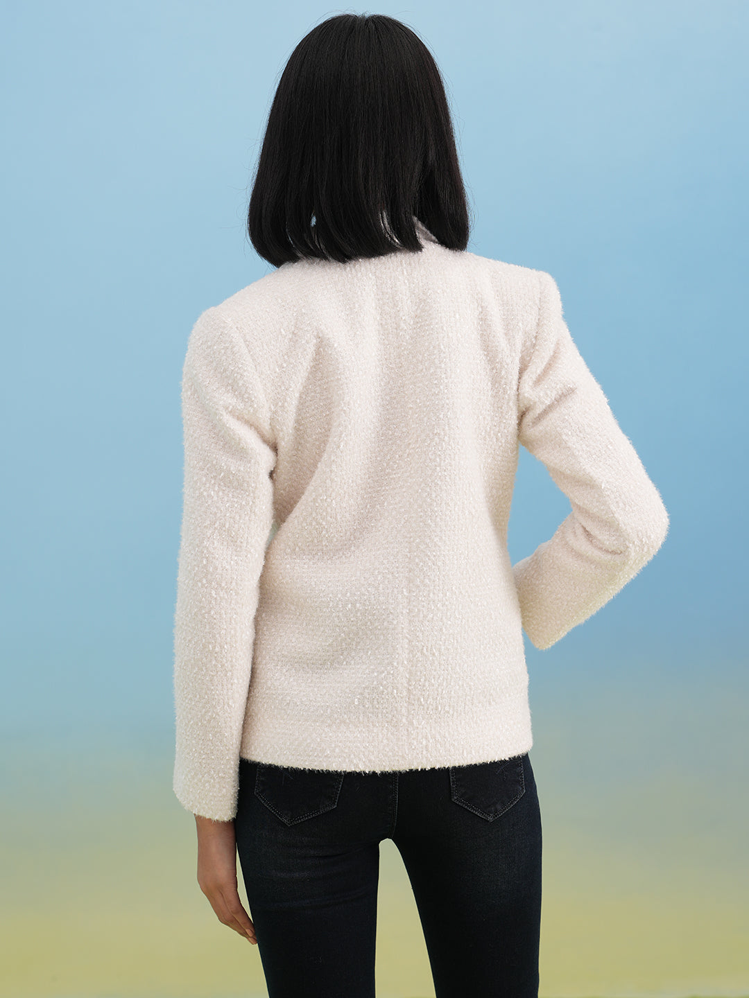 White Jacquard Notched-Lapel Coat