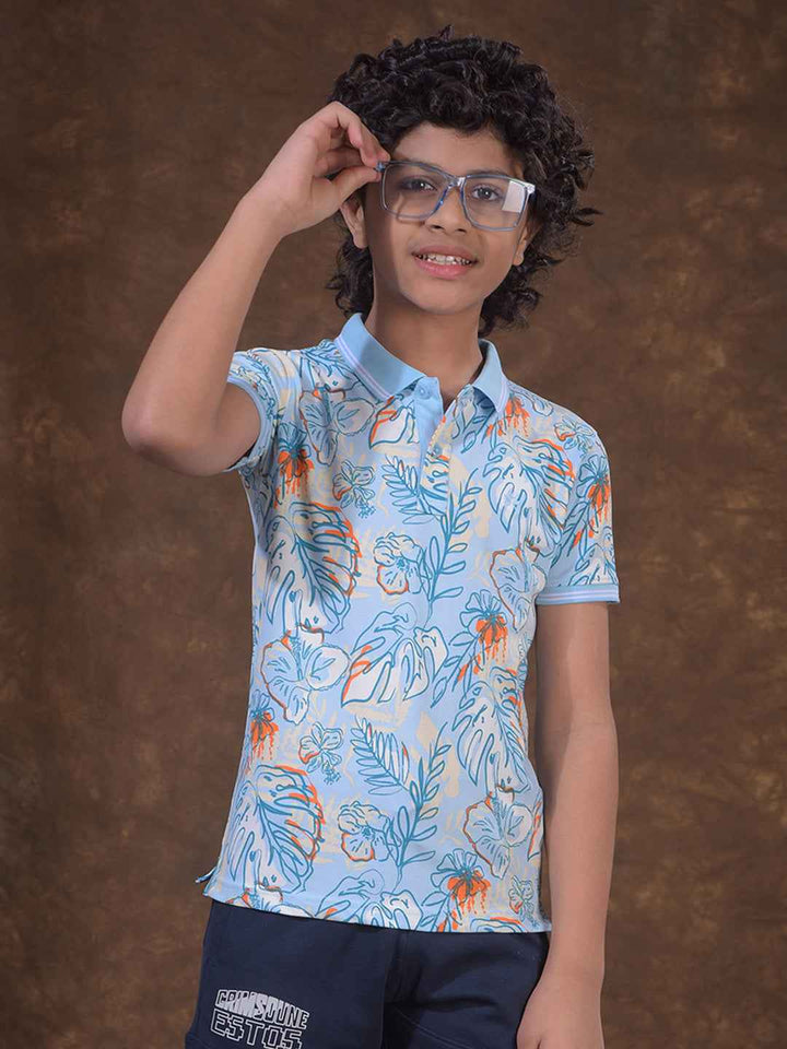 Blue Floral Print Polo Neck T-Shirt