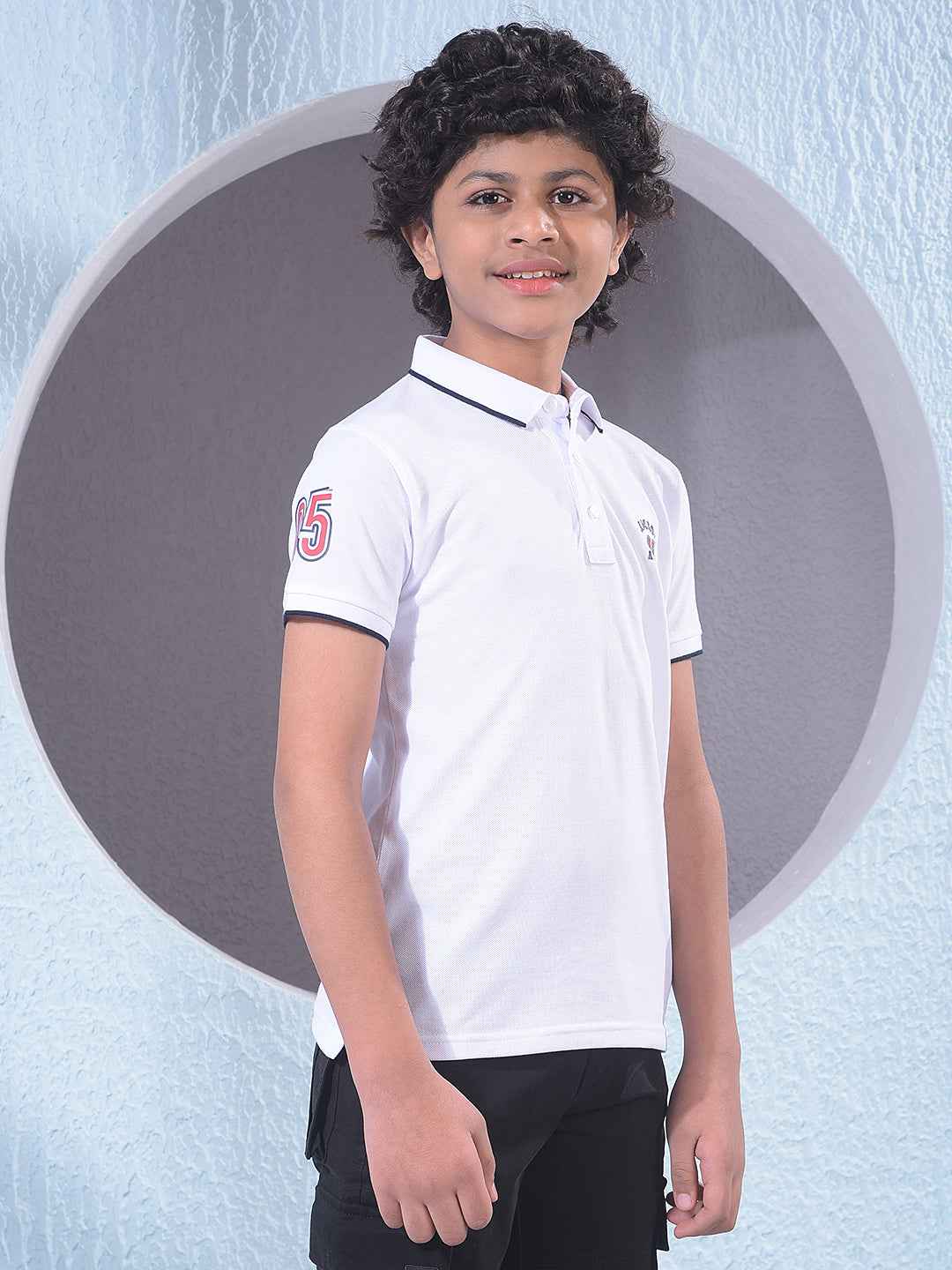 White Typographic Print Polo Neck T-Shirt