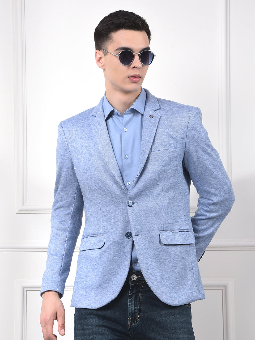 Blue Jacquard Notched Lapel Single-Breasted Blazer