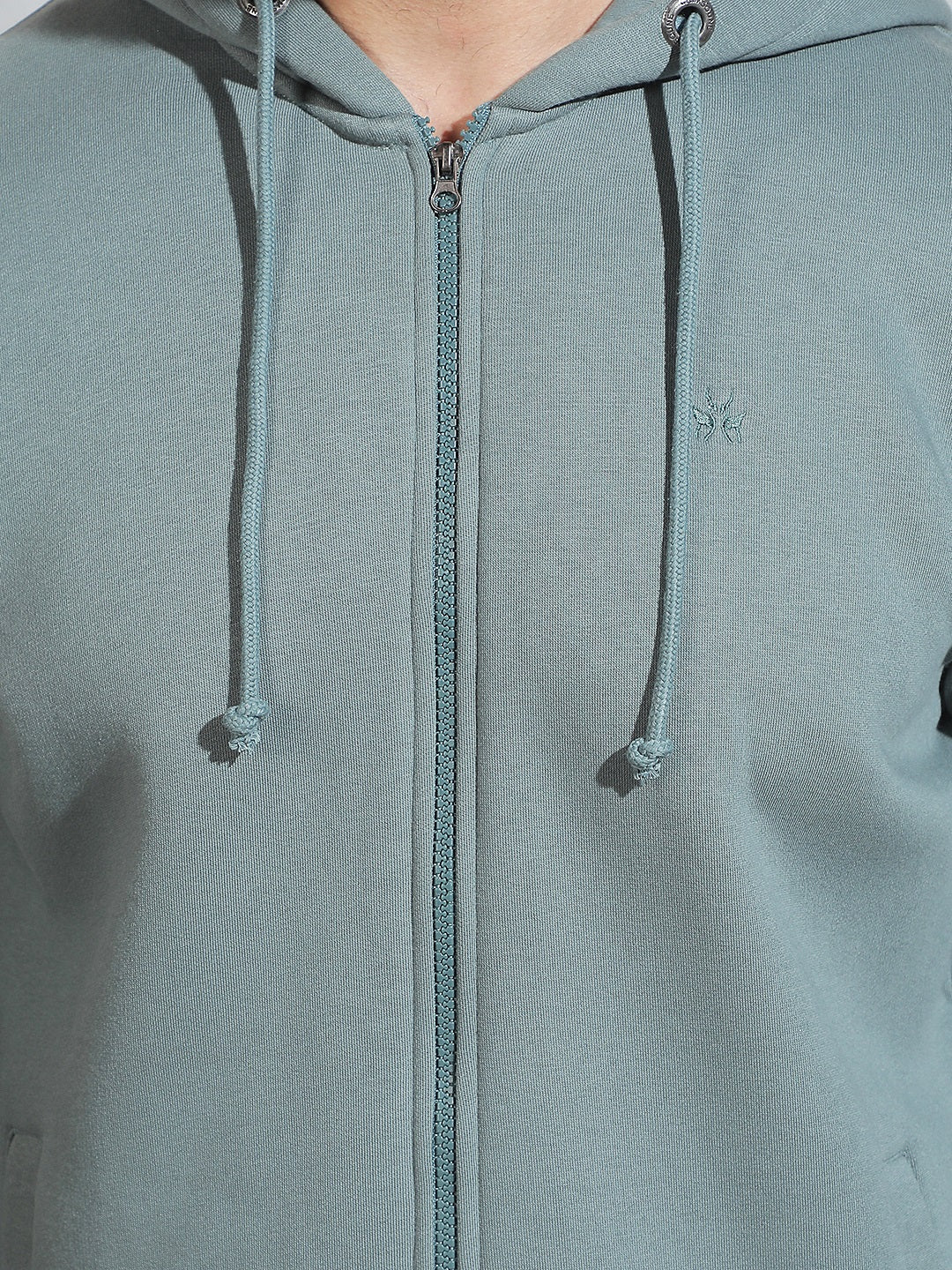 Green Hooded Neck Front Open Sweatshirt