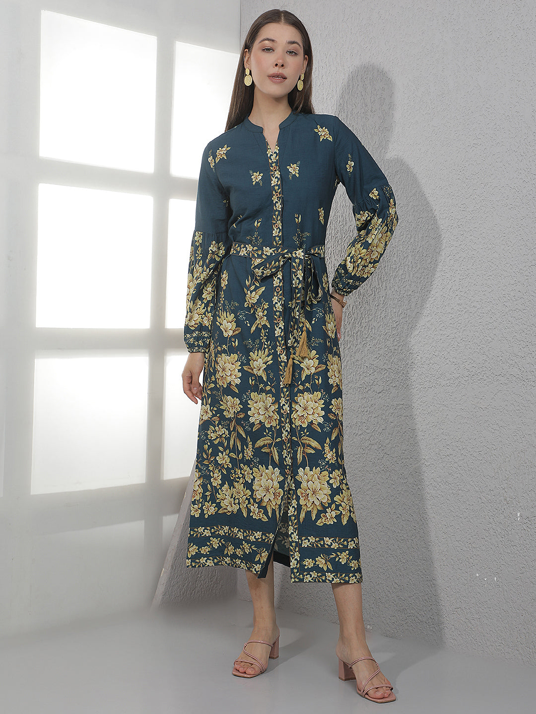 Blue Floral Print Midi Shirt Dress With Belt