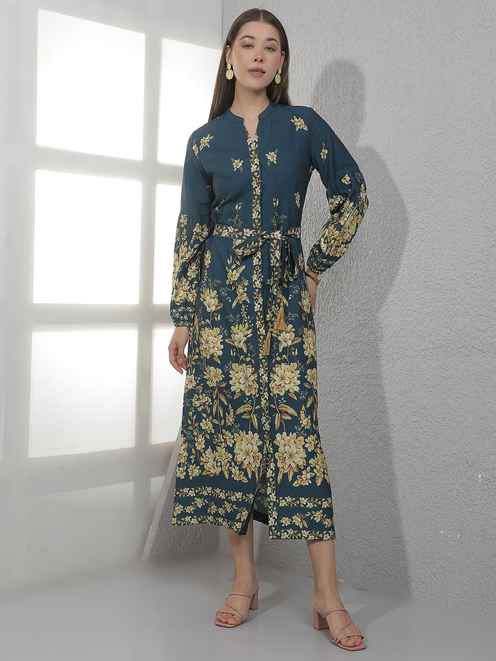 Blue Floral Print Midi Shirt Dress With Belt