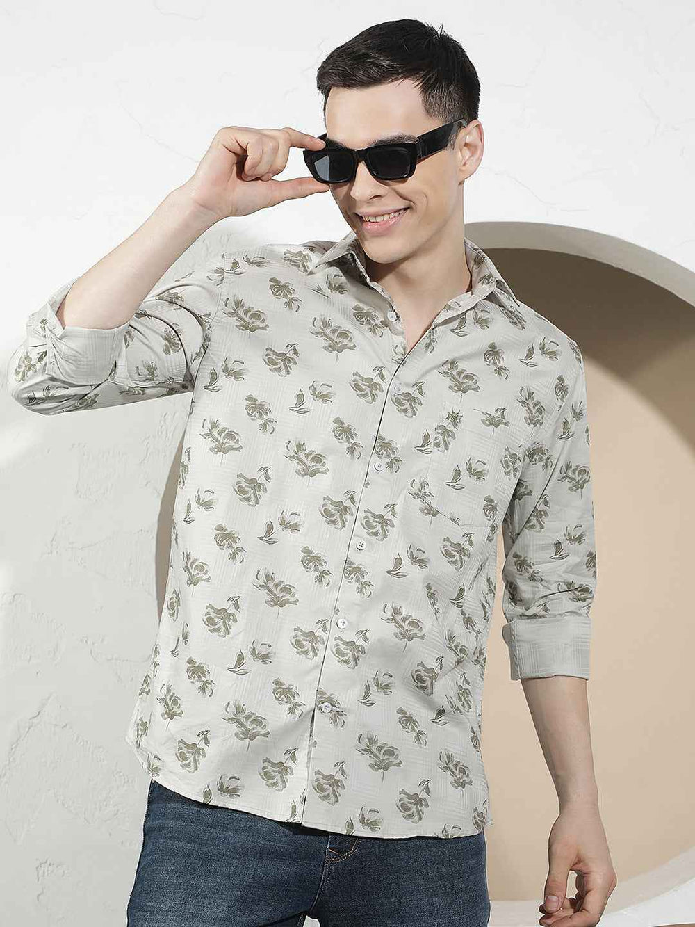 Grey Floral Print 100% Cotton Shirt
