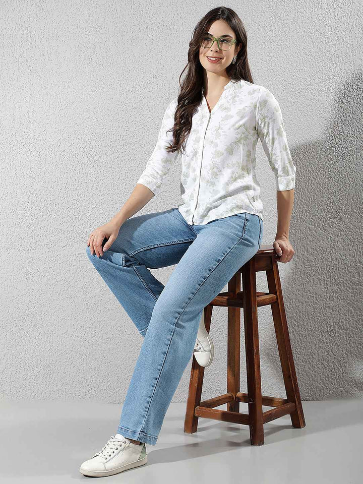 Green Floral Print V-Neck Linen Shirt
