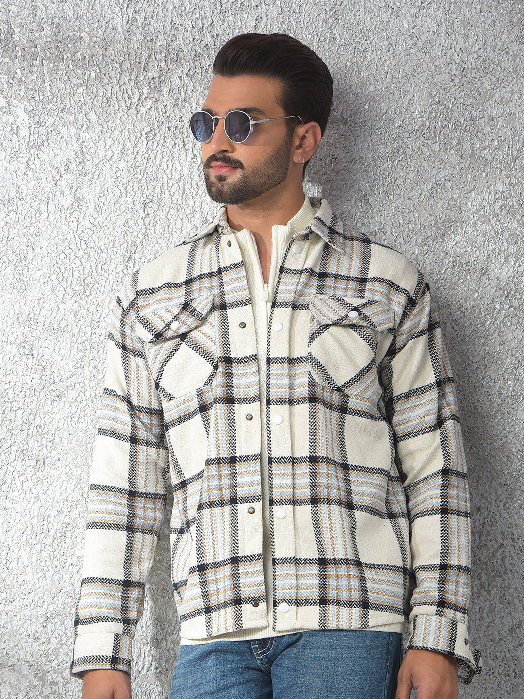 White Checked Knitted Shacket