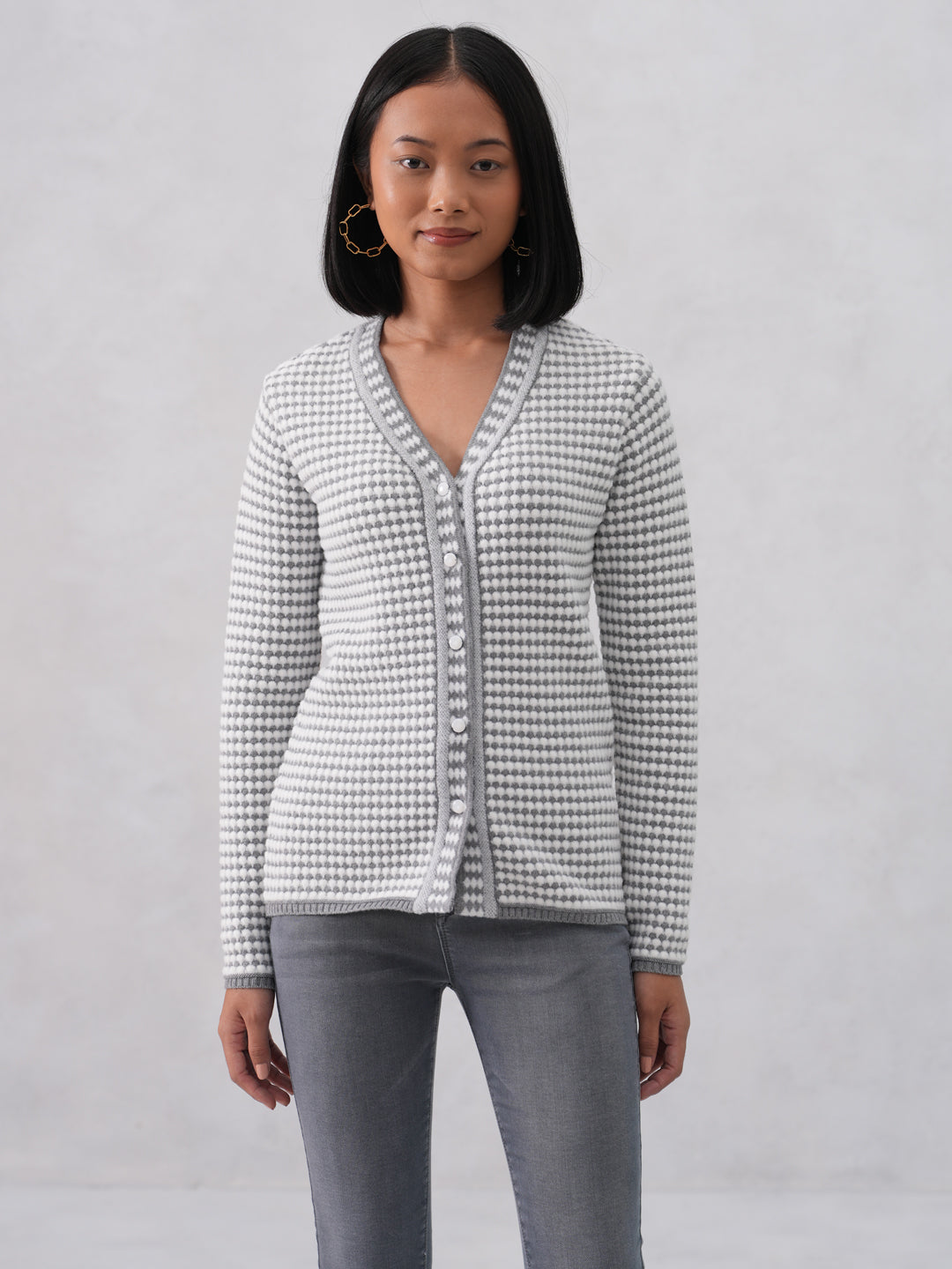 Grey Jacquard V-Neck Cardigan