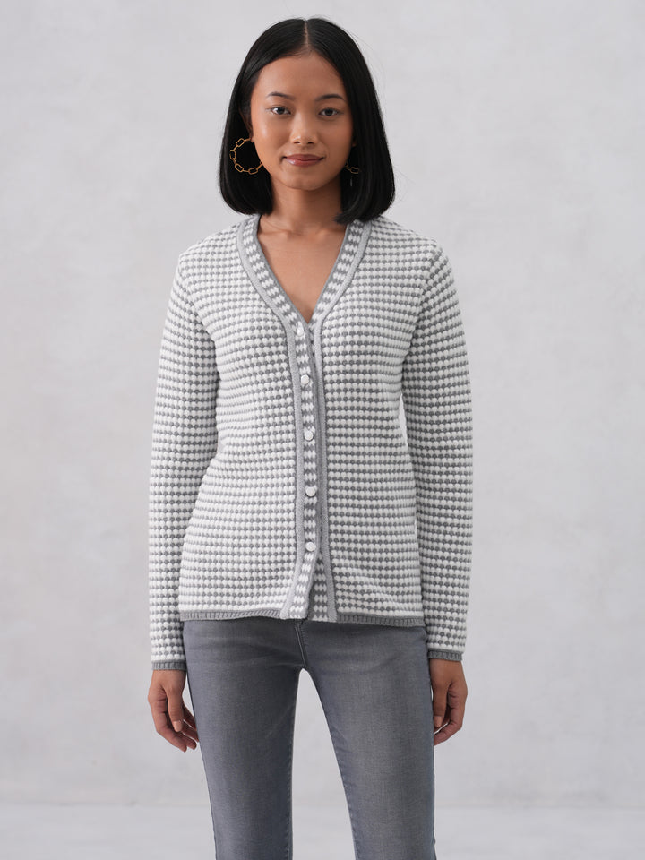 Grey Jacquard V-Neck Cardigan