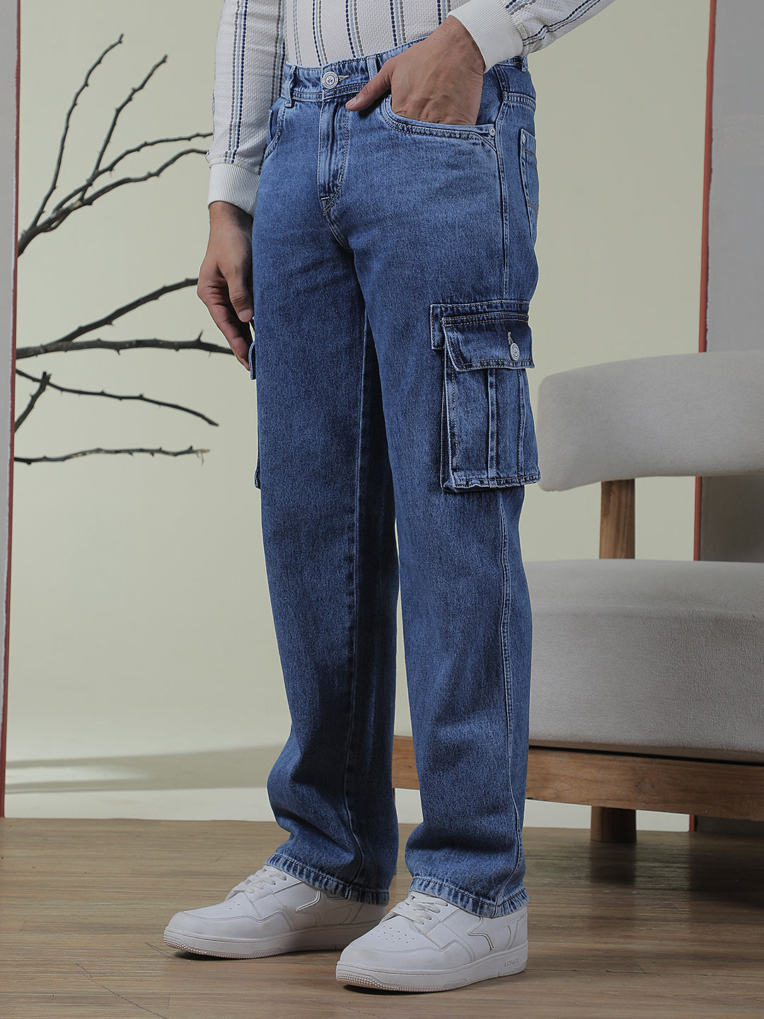 Navy Blue 100% Cotton Cargo Jeans