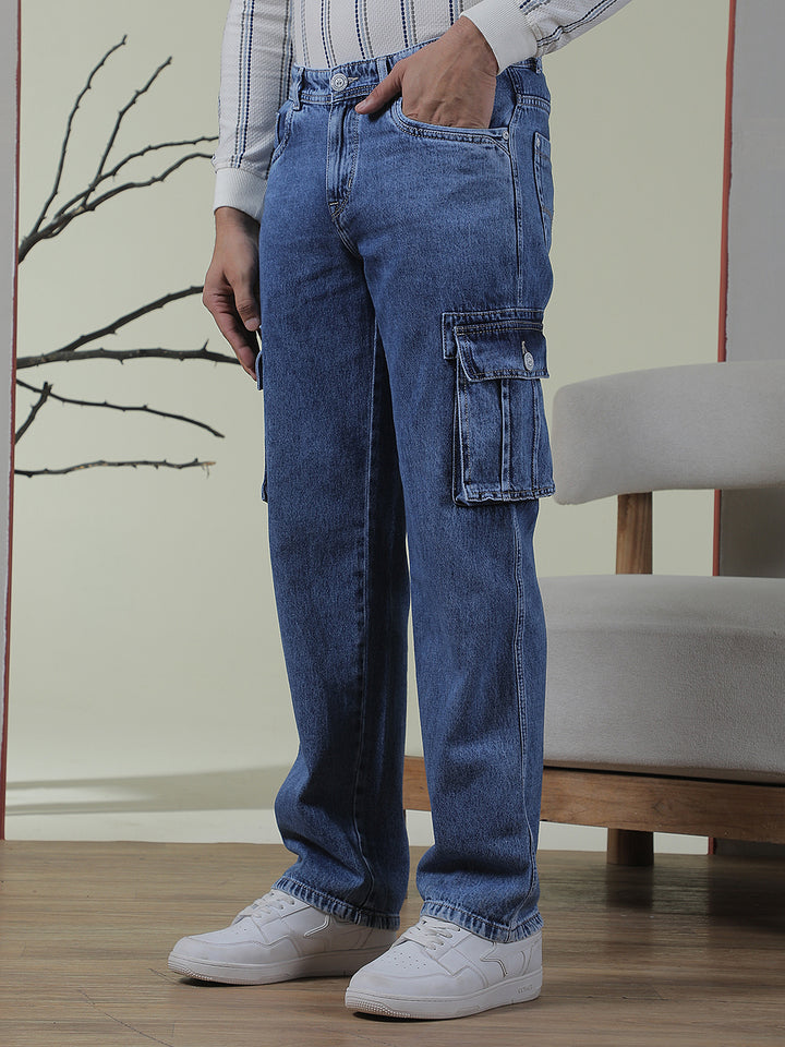 Navy Blue 100% Cotton Cargo Jeans