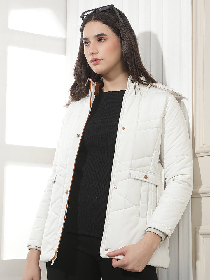 Cream Hooded Puffer Jacket With Belt