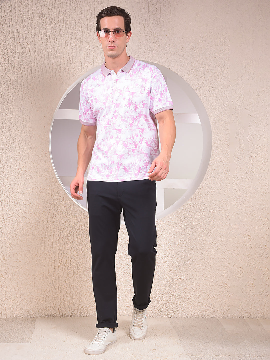 Pink Floral Print Polo Neck 100% Cotton T-Shirt