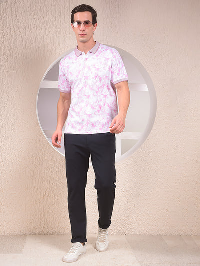 Pink Floral Print Polo Neck 100% Cotton T-Shirt