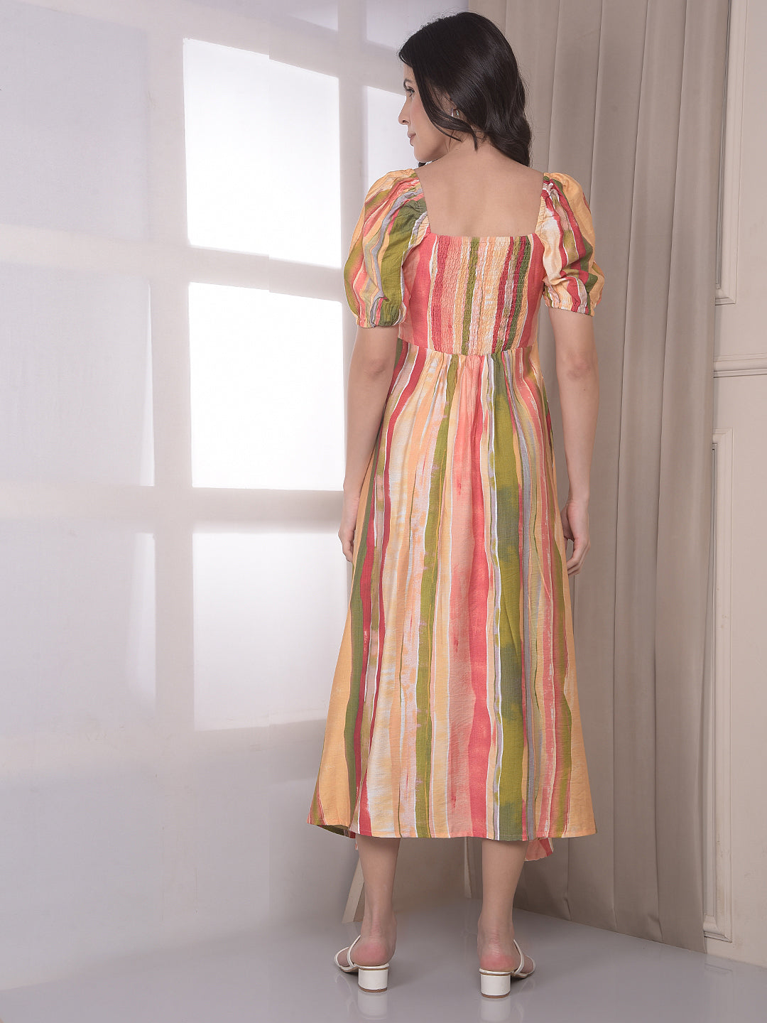 Multi-Color Vertical Stripes Square Neck A-Line Midi Dress