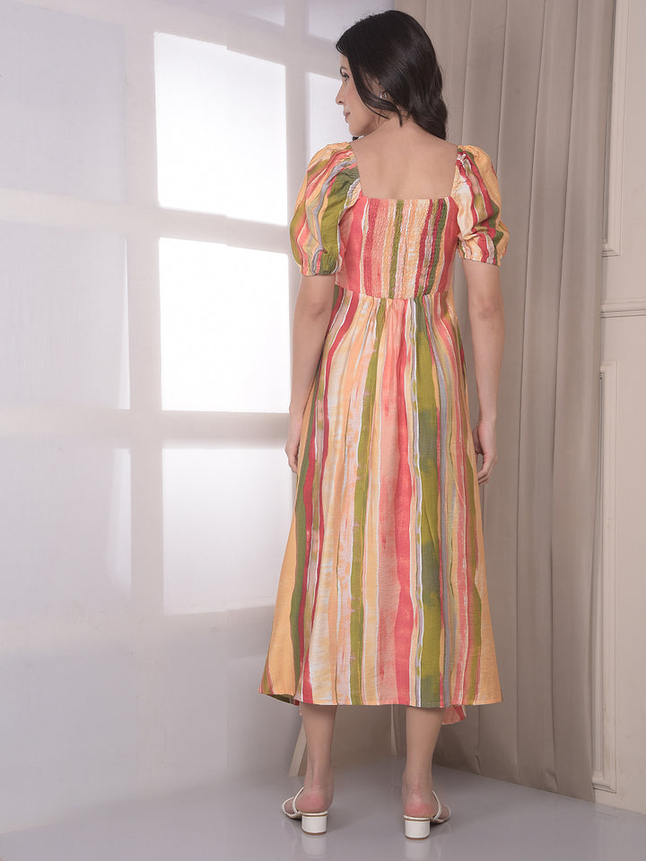 Multi-Color Vertical Stripes Square Neck A-Line Midi Dress