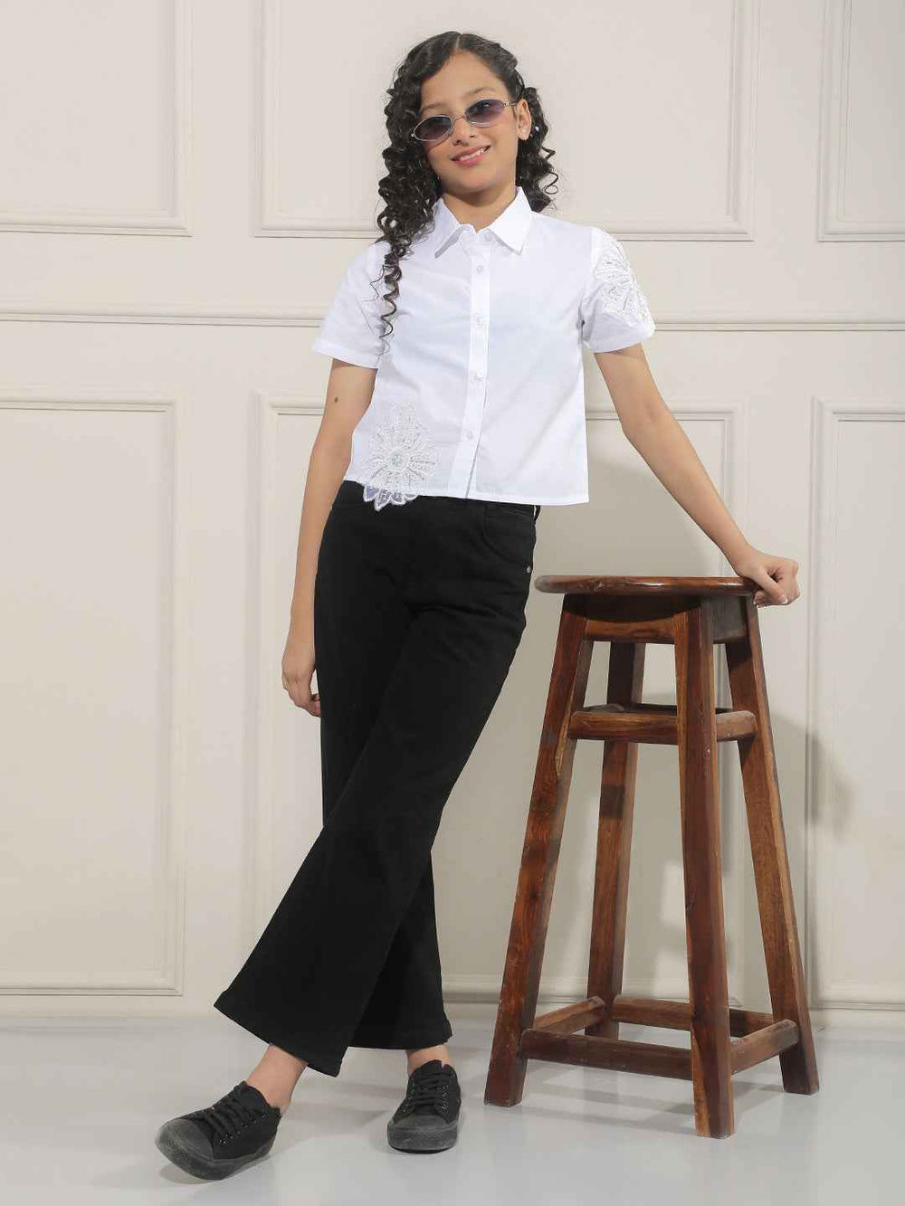 White Embroidered Cropped 100% Cotton Shirt