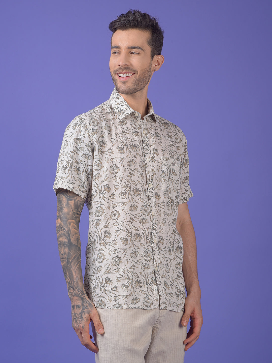 Olive Floral Print Linen Shirt